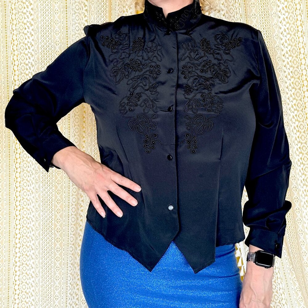 Vintage 90s Black High Collared Embellished Victorian Boho Style Blouse Size 12 - Picture 3 of 12